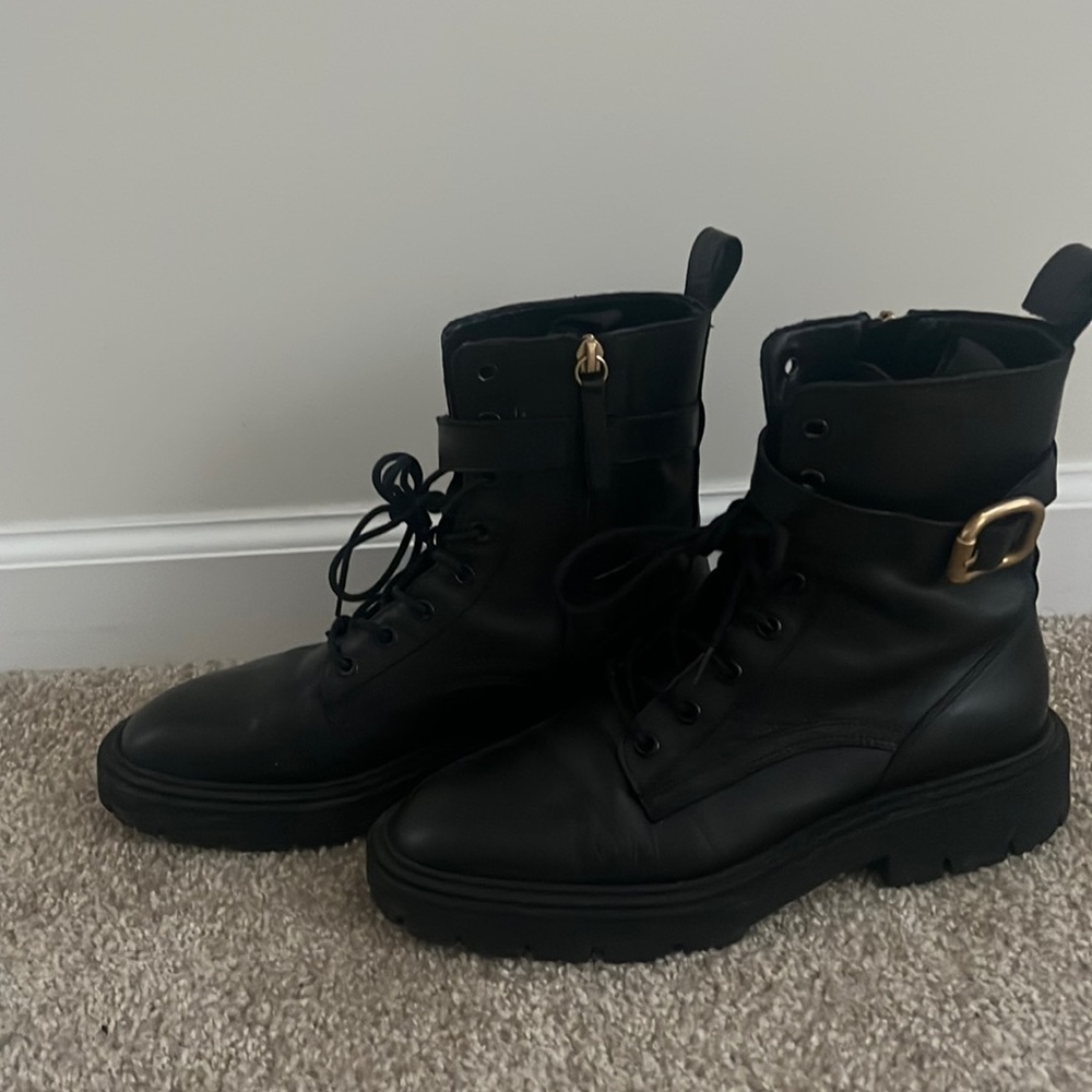 Zara Black Leather Combat Boot